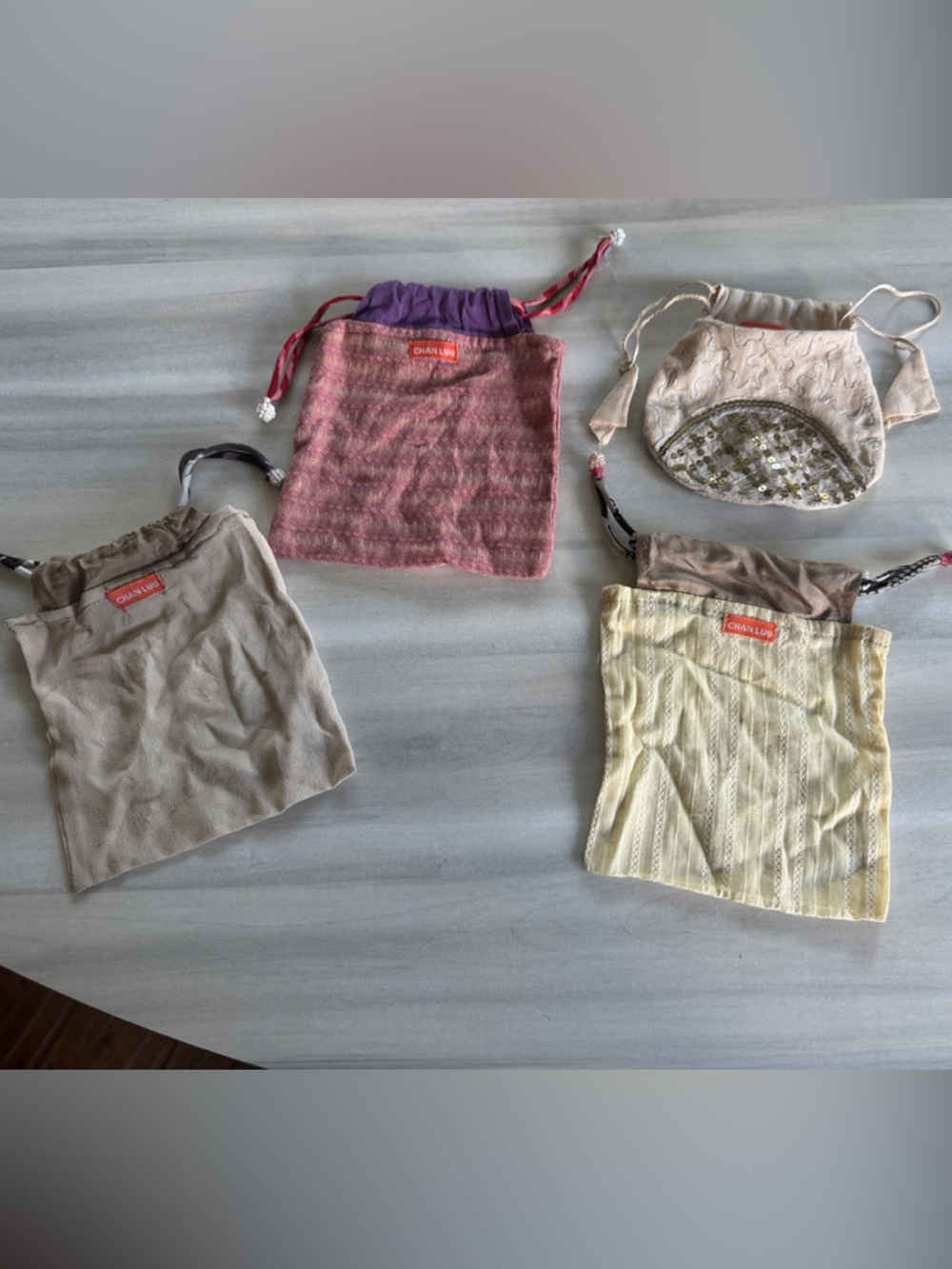 Chan Luu Canvas Drawstring Pouches: 2 Beige, 1 Pink, 1 Yellow